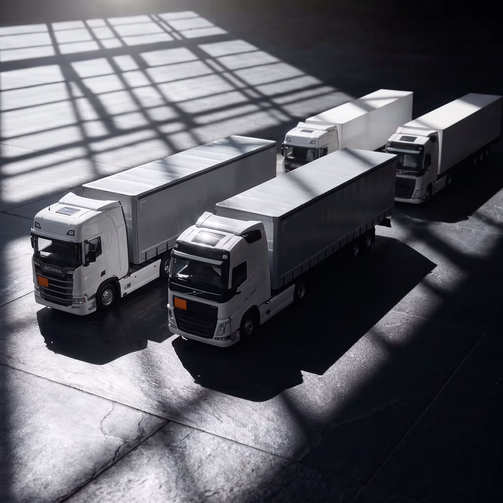 Four white semi-trailer trucks parked indoors with window shadows on the floor.
