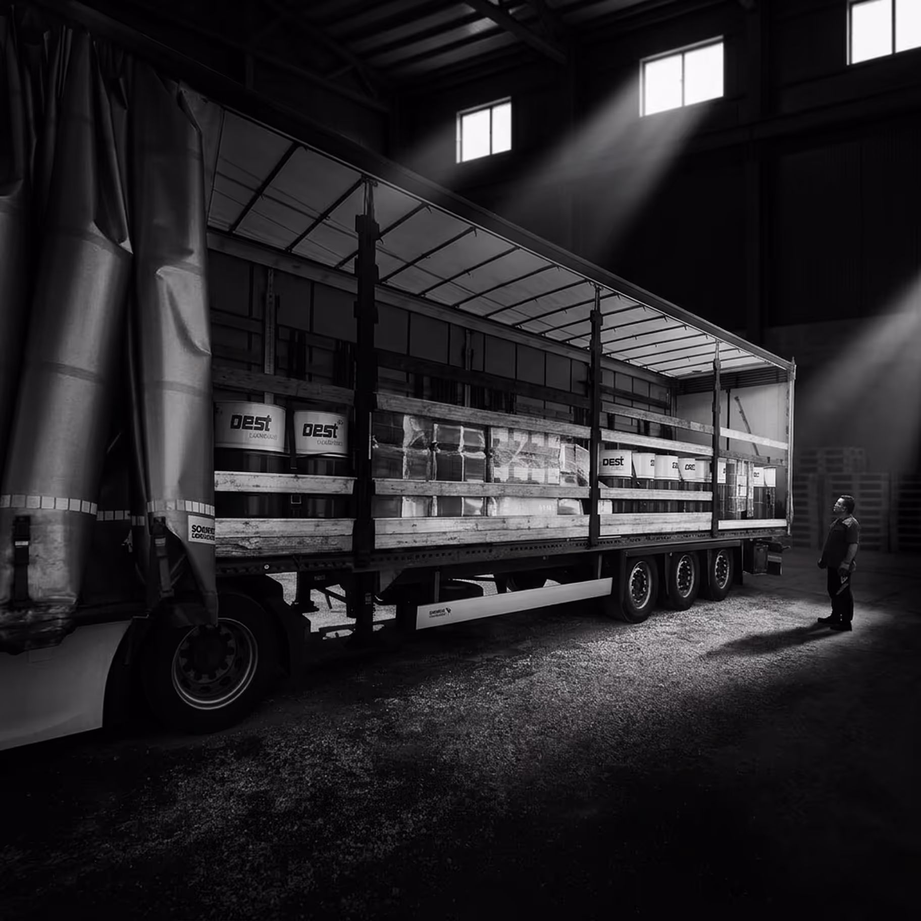 Man standing beside a large open trailer truck loaded with ADR containers and pallets inside a warehouse.
