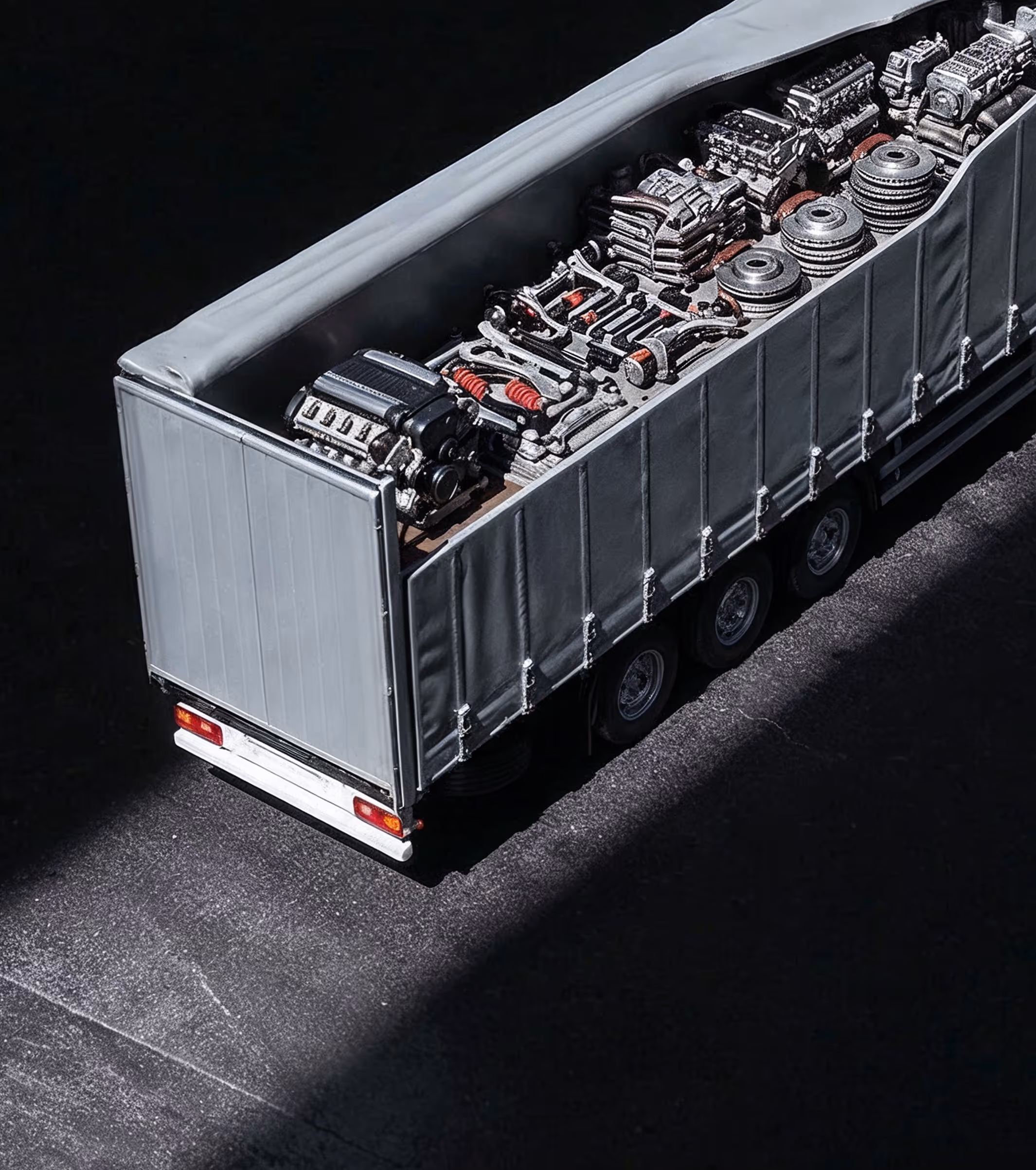 Truck with open gray tarp carrying various engine parts and mechanical components.