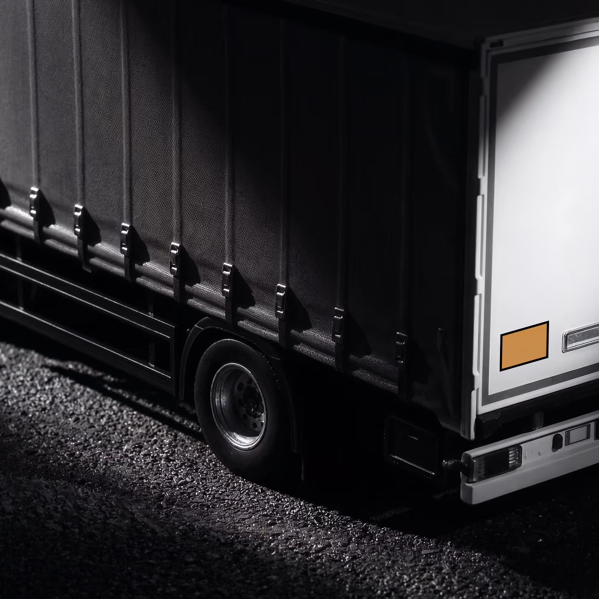 Side view of a dark truck trailer with one visible wheel parked on gravel in shadow and light with ADR plating on it