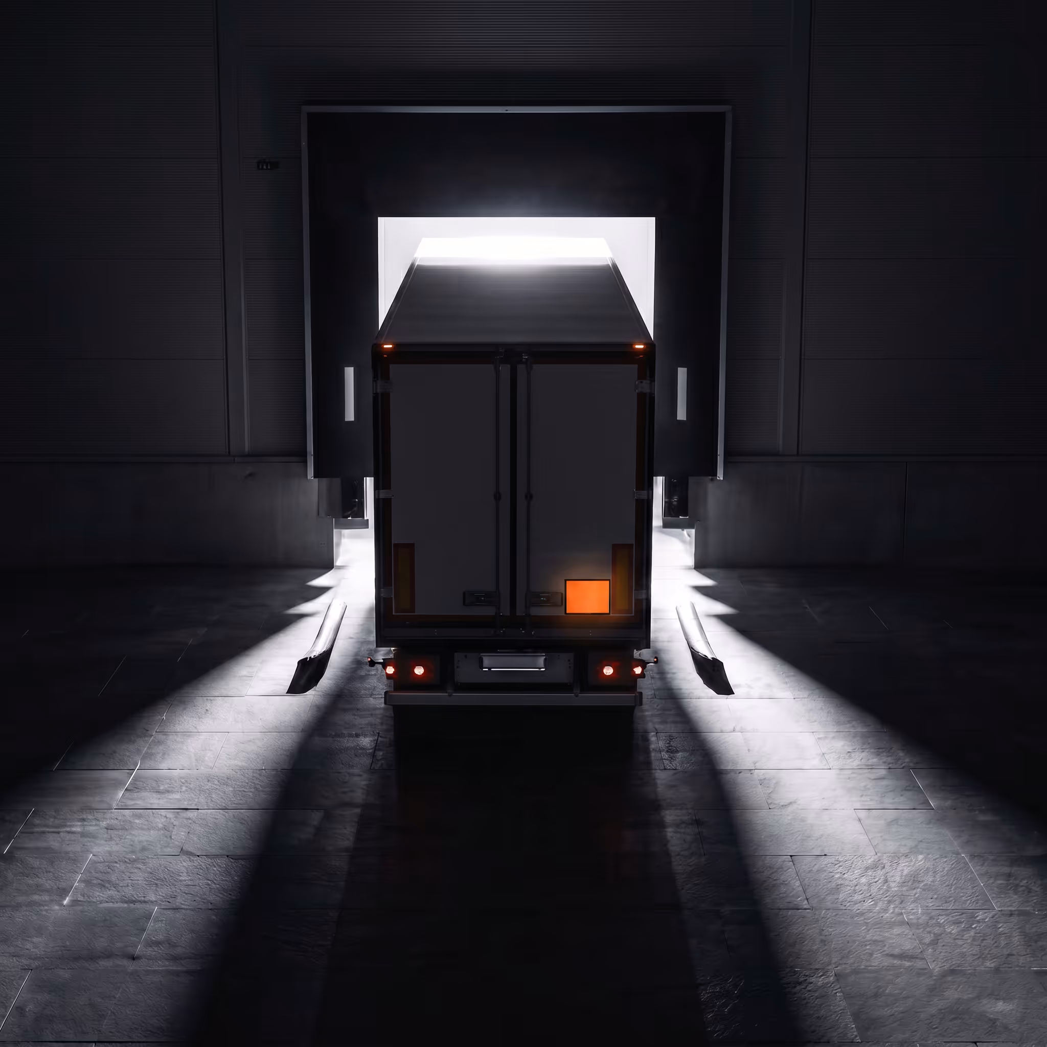 Rear view of a dark truck backed into a brightly lit warehouse loading dock at night.